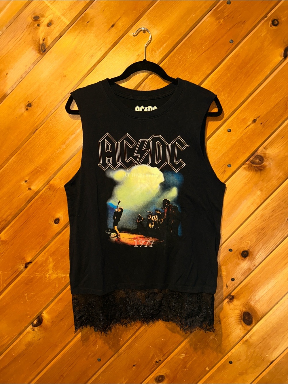 AC/DC "Let There Be Rock" 1977 concert graphic tank top w black lace hem
